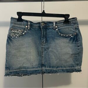 denim mini skirt with studded details